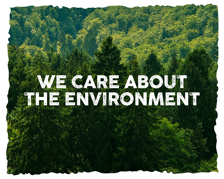 The banner shows the tops of a coniferous forest and the words ‘We care about the environment’